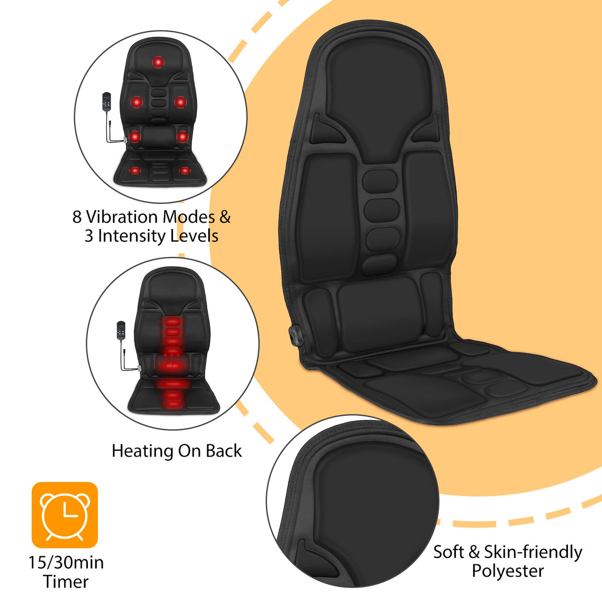 1Pc Back Massager Cushion Electric Massage Car Seat Cushion Chair Pad with Heating Function 8 Vibration Modes
